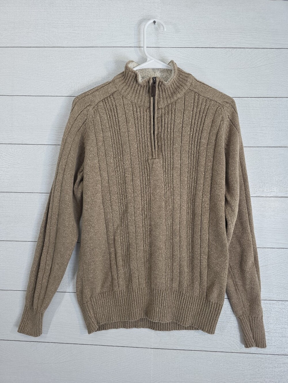 Oscar de la Renta Men's Tan & Cream Sherpa Collar Quarter Zip Sweater Size M